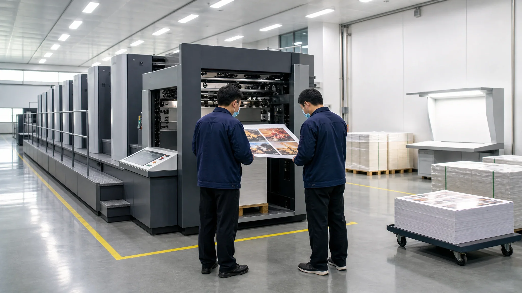 Offset printing workshop with sheet fed presses and two technicians checking printed sheets