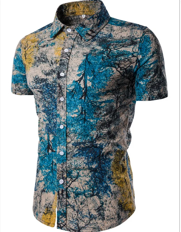 Men's Casual Wear new design turn-down collar short sleeve slim fit plus size men floral shirt linen mens shirts in China