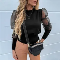 

White Black Sheer Mesh Puff Sleeve Slim Fit Party Blouse Tops Women