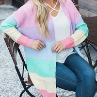 

2019 speed sell Amazon hair explosion models knit cardigan women's long section color rainbow striped cardigan sweater