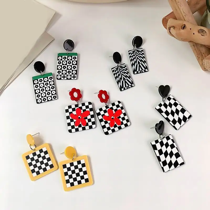 

Korean Style Geometric Lattice Trendy Earrings For Women 2021 New Statement Acrylic Drop Dangle Earings