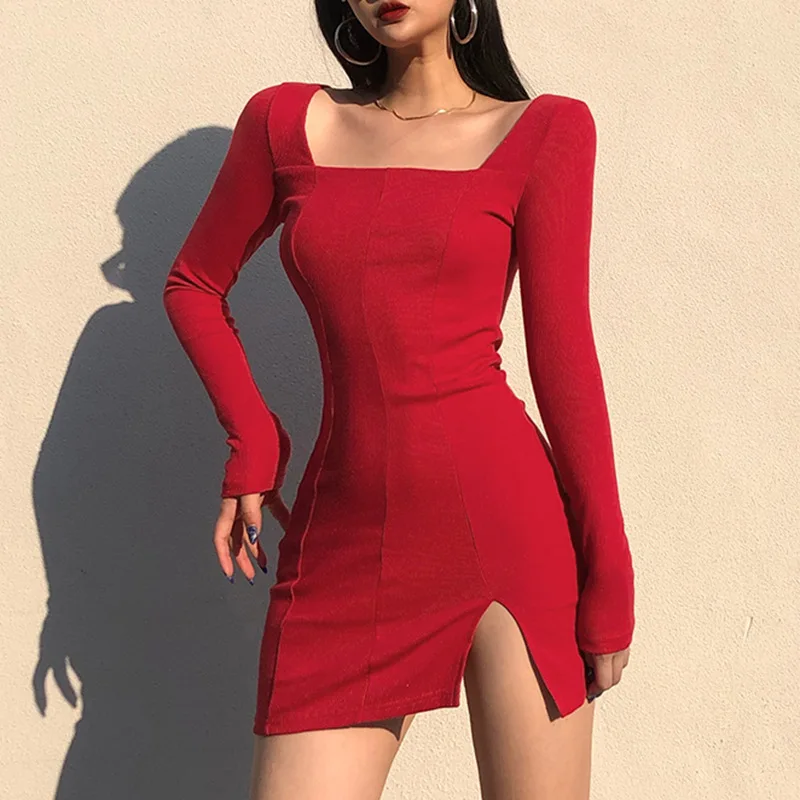 

Women Winter Dress Women 2021 New Arrivals Sexy Long Sleeve Square Collar Split Khaki Black Solid Party Dresses Vestidos, Khaki, red, gray, black, blue