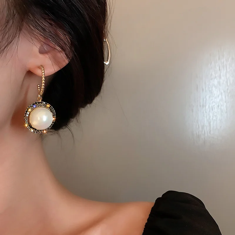 

new design geometric crystal gold earring drop pearl