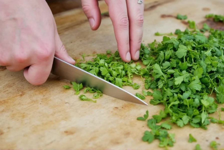 Freshly chopped coriander in bowl next to whole sprigs