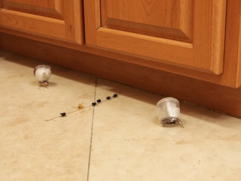 Three homemade ant traps placed strategically along kitchen baseboard