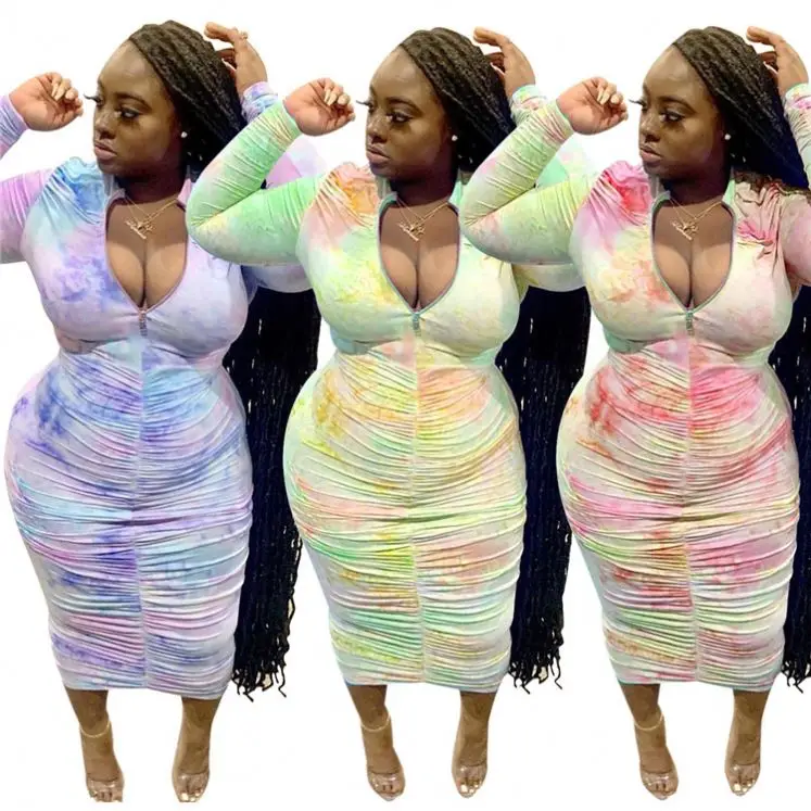 

0820M001 New Autumn Women Plus Size Tie Dye Gradient Draped V-neck Zipper Girls' Sexy Clothes Lady Casual Dress