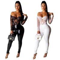 

Sexy ladies clothing nightclub set lace tube top leather jumpsuits summer black and white jumpsuit