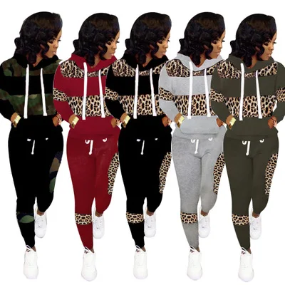 

Women's leopard print stitching hooded sports long shirt two-piece set