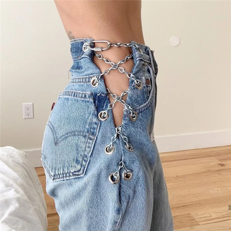 

Stacked Asymmetrical Side Slit Chain Denim Design Ladies Jeans Pants, Blue