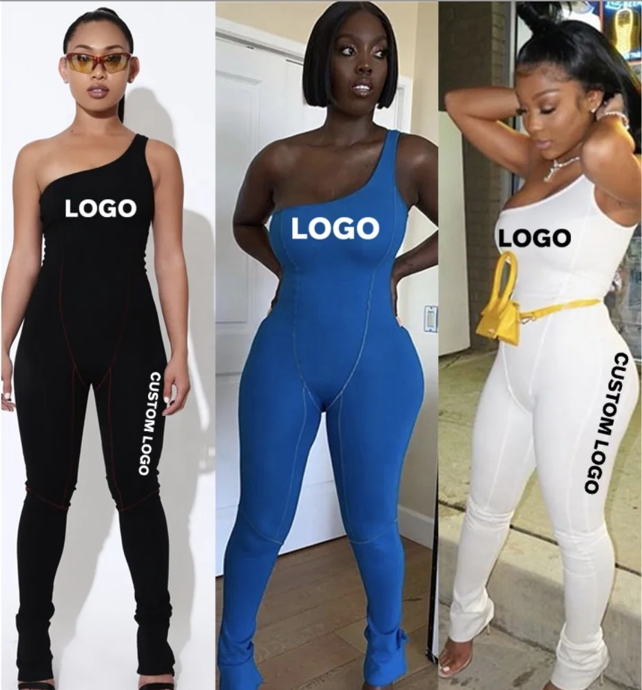 

Popular custom Logo women clothing one shoulder Blue & Black jumpsuit women sexy