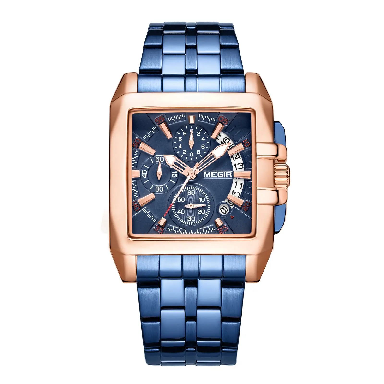 中国megir 2132 休闲运动手表男士蓝色豪华军用皮革手表男子钟表时尚