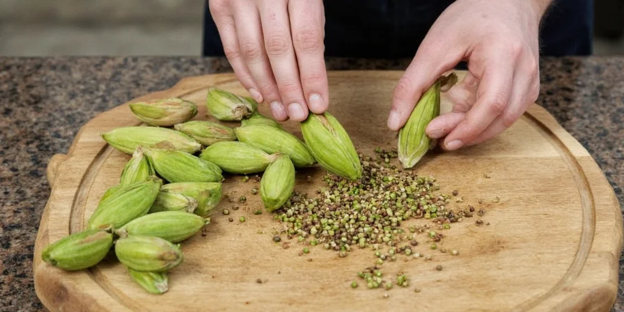 Side-by-side comparison of green and black cardamom pods