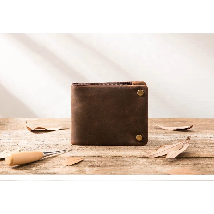 

Custom Logo Crazy Horse Leather Wallet Men's Leather Wallet Retro Boys Credit Card Holder Snap Factory Wallet 1003