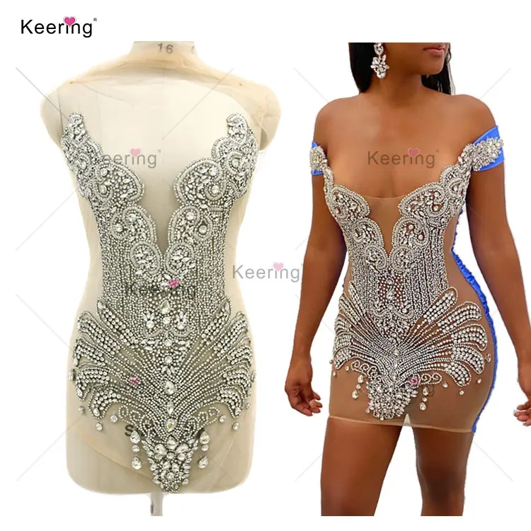 

Fashion Good Quality Handmade Beaded Crystal Rhinestone Bodice Dress Applique for Dress WDP-055, Clear stone