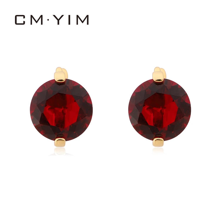 

CM YIM Jewelry 24K women's inlaid red stone simple single drill earrings fashion design