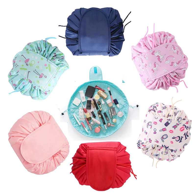 

2021 Low MOQ Waterproof Printed Bulk Rope Cosmetic Bags Makeup Bag Travel High capacity Packaging Bag for Women, Picture color