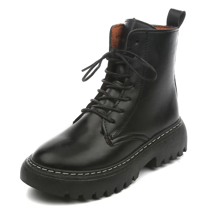 

Female Women's Autumn Cotton Shoes Flat Bottomed Belt Student Motorcycle Boots, As the picture display