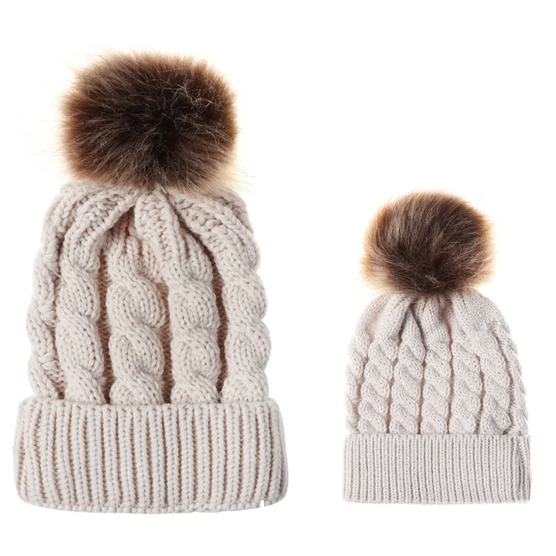 

Mom and Baby Winter Hat Warmth Pompom Twisted Knitted Cap, Mixed colors