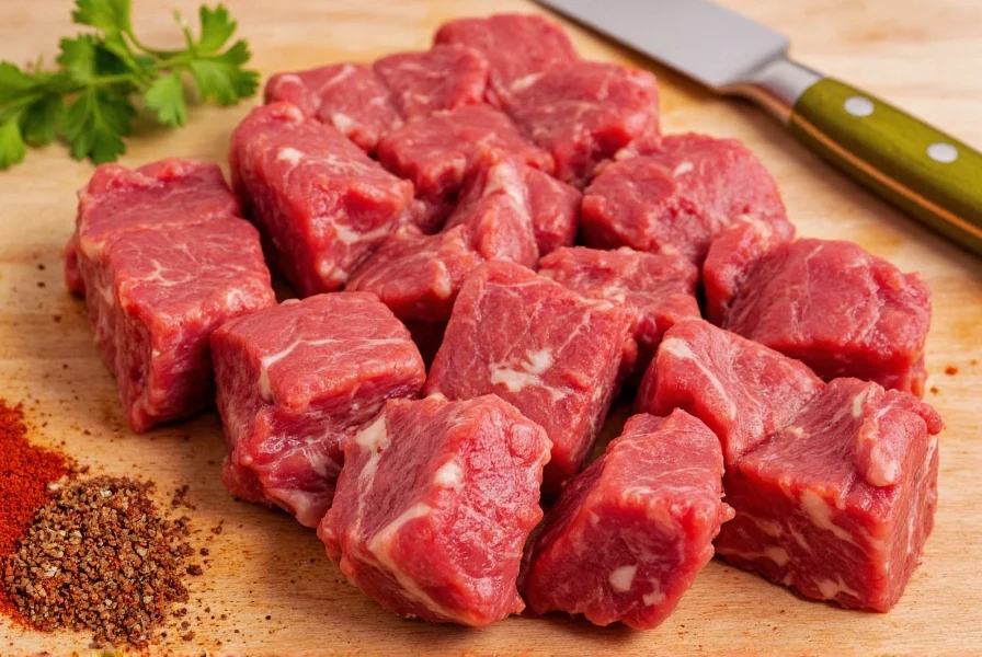 Close-up of cubed chuck steak pieces ready for chili preparation on wooden cutting board with spices