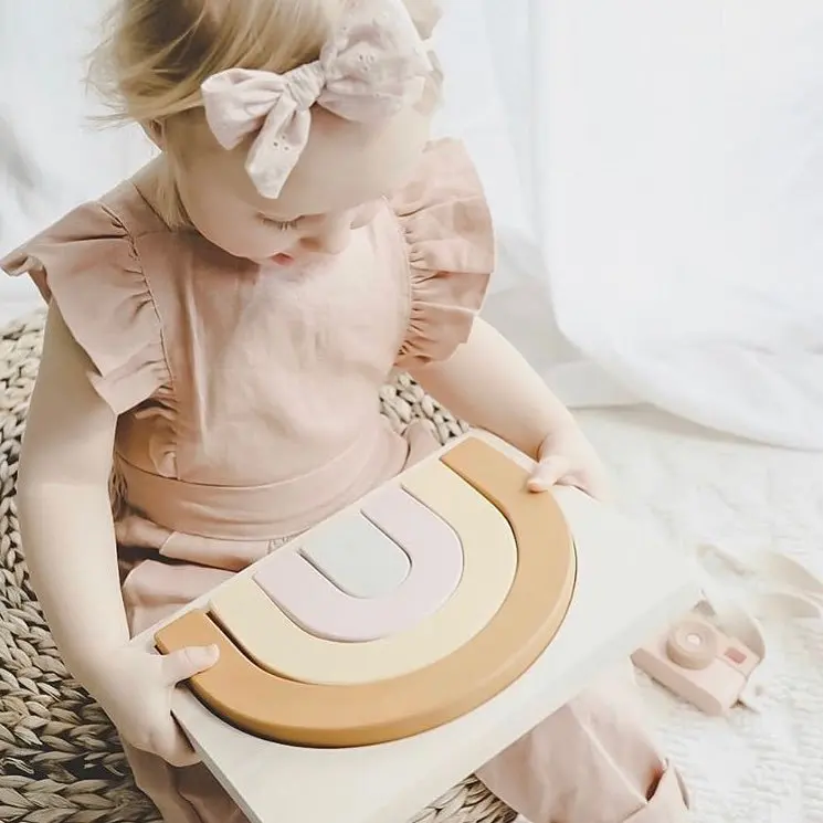 Brown Color INS Nordic Children's Creative 3D Wood Decoration Wood Block Puzzle Educational toys Baby Puzzle intelligence Toys