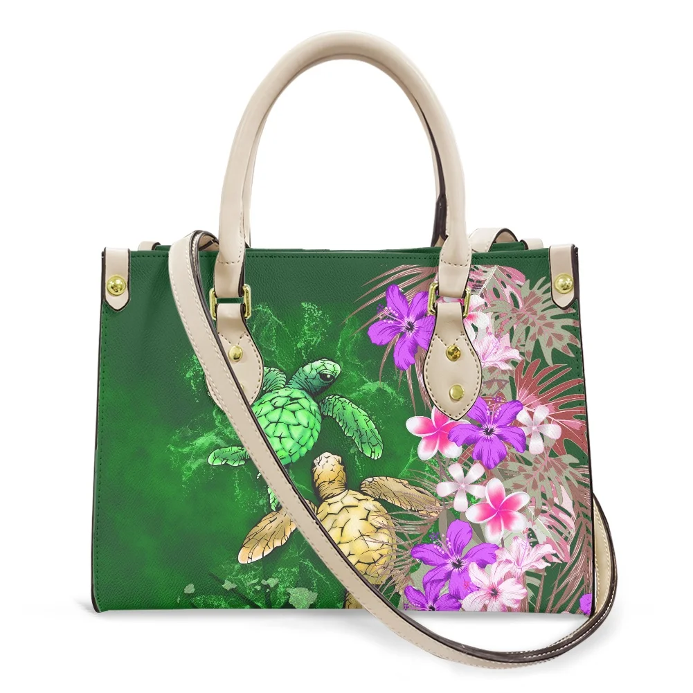 

Samoan Polynesian Green Turtle Plumeria Tribal White Pattern Customized Handbags Leather Luxury Evening Handbags for Women, Accept custom made
