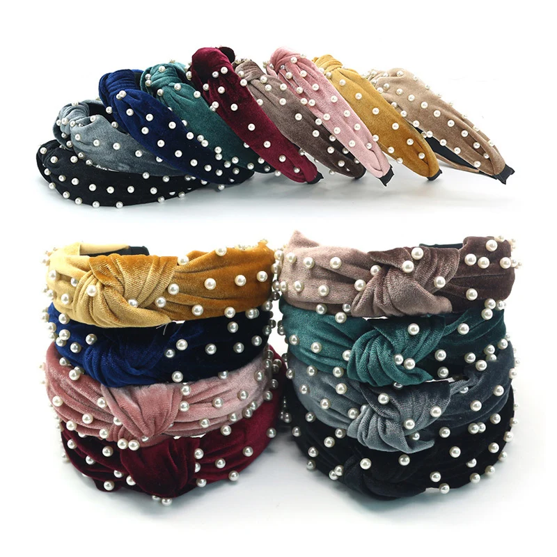 

JUHU 2020 new pearl hair band velvet knotted hair ribbon fashionable style women's multi-color optional headband, Colorful