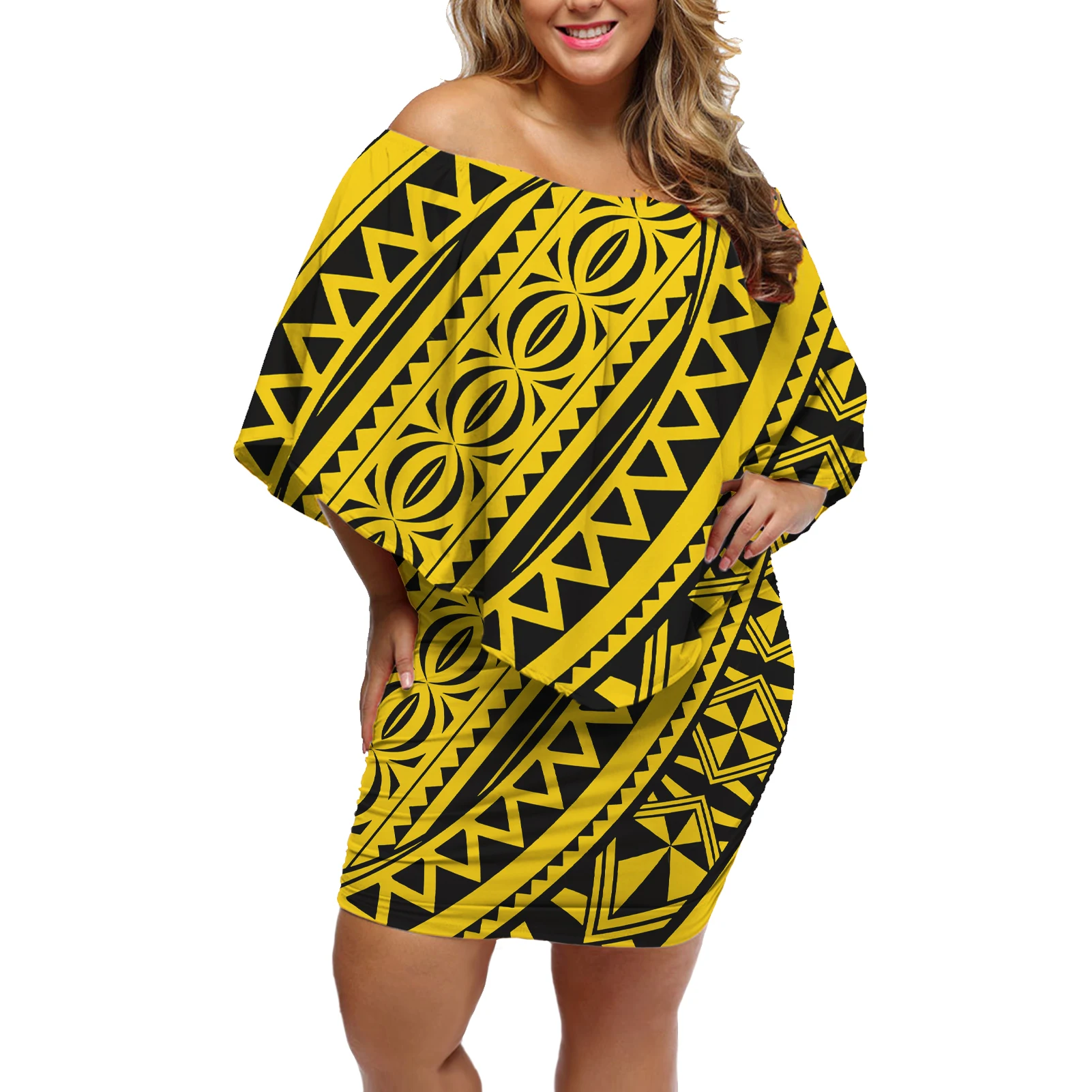 

Hot Selling Red Polynesian Tribal Print Women Off Shoulder Dress Short Bodycon Dresses Ruffle Clothing