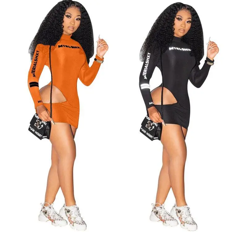 

AWY-705 Solid Color English Alphabet Print Sexy Bag Hip Hollow Knit Dress Women Clothing, Picture