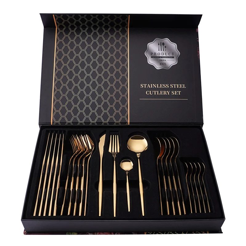 

Quality Luxury Wedding Spoon Forks Knives Royal Doulton 24pcs Gold Stainless Steel Cutlery Set With Black Gift Box