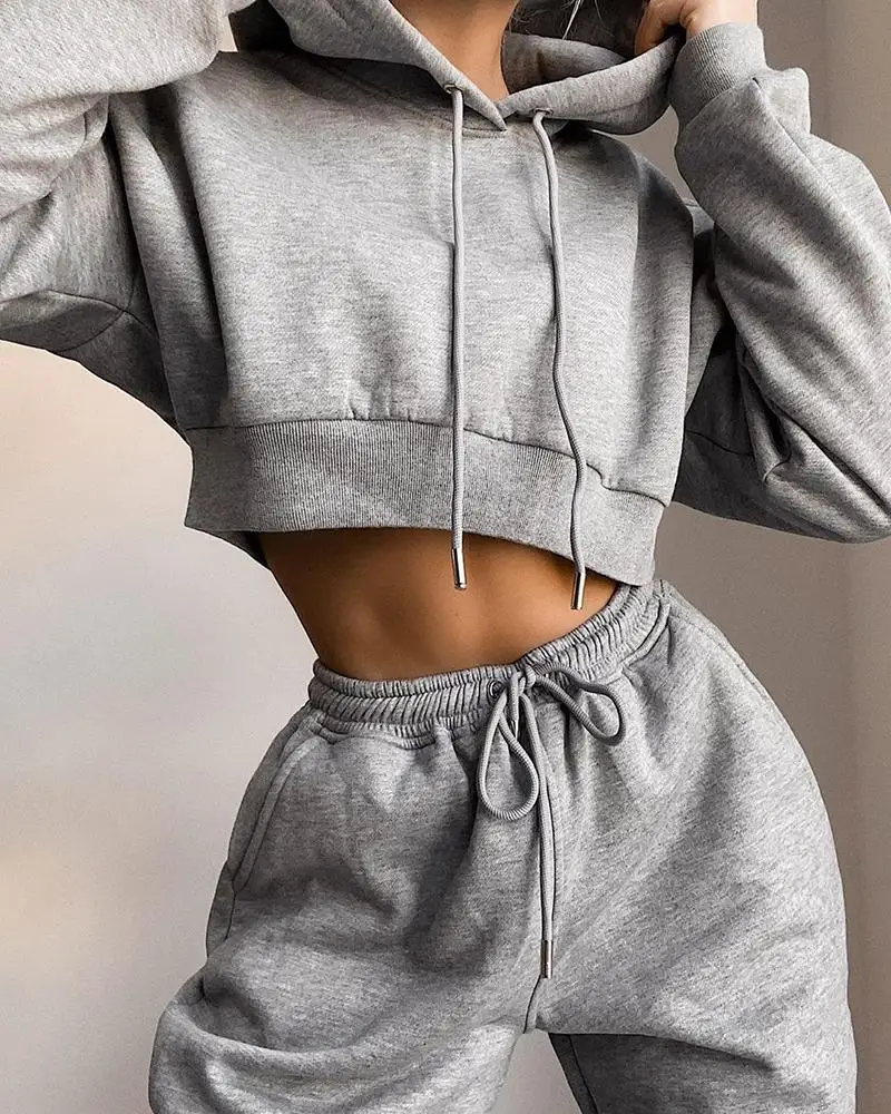

Custom logo knit two piece set women clothing joggers and crop top hoodie set F244-1, 4 colors