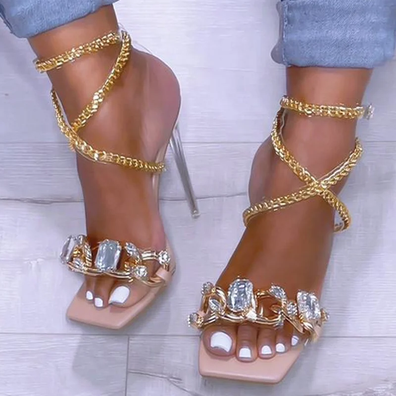 

Gold Chain Luxury Crystal High Heel Shoes Sandals Women Square Toe Big Size 10.5 Cross Strap Buckle Sandal Diamonds, Black,blue,apricot