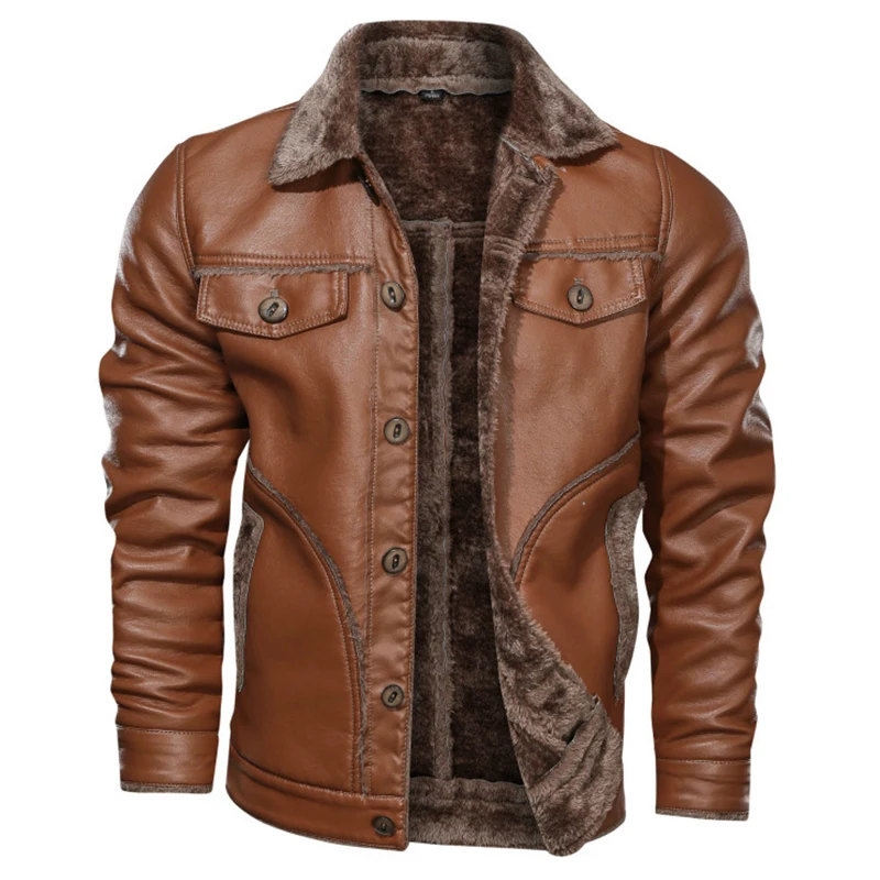 
New Arrivals Faux Fur Men Winter Thickening Warm Jaket Turn Down Collar Black Brown Motorcycle Leather Jackets 