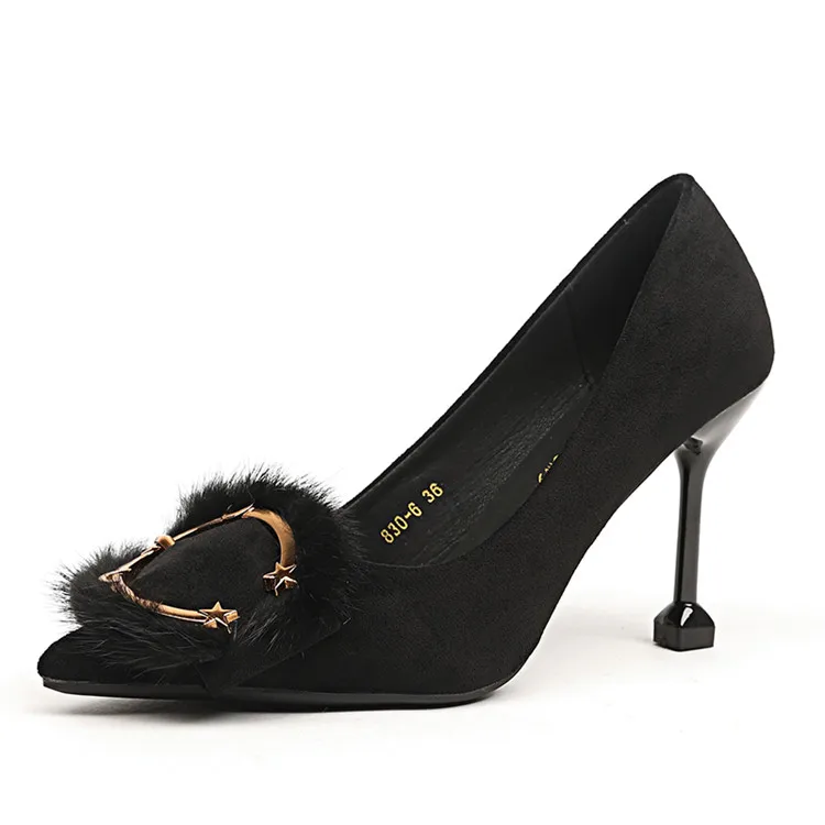 

New fashionable fine heel suede fabric with pointed toe and Kitten Heel ladies heels, Black, brown