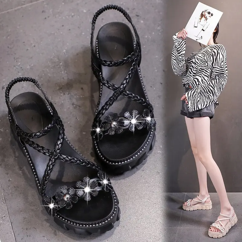 

2021 New Arrival Amazon Hot-selling New Cute Sandals For Women Casual Woven Flower Increased Thick-soled Roman Shoes