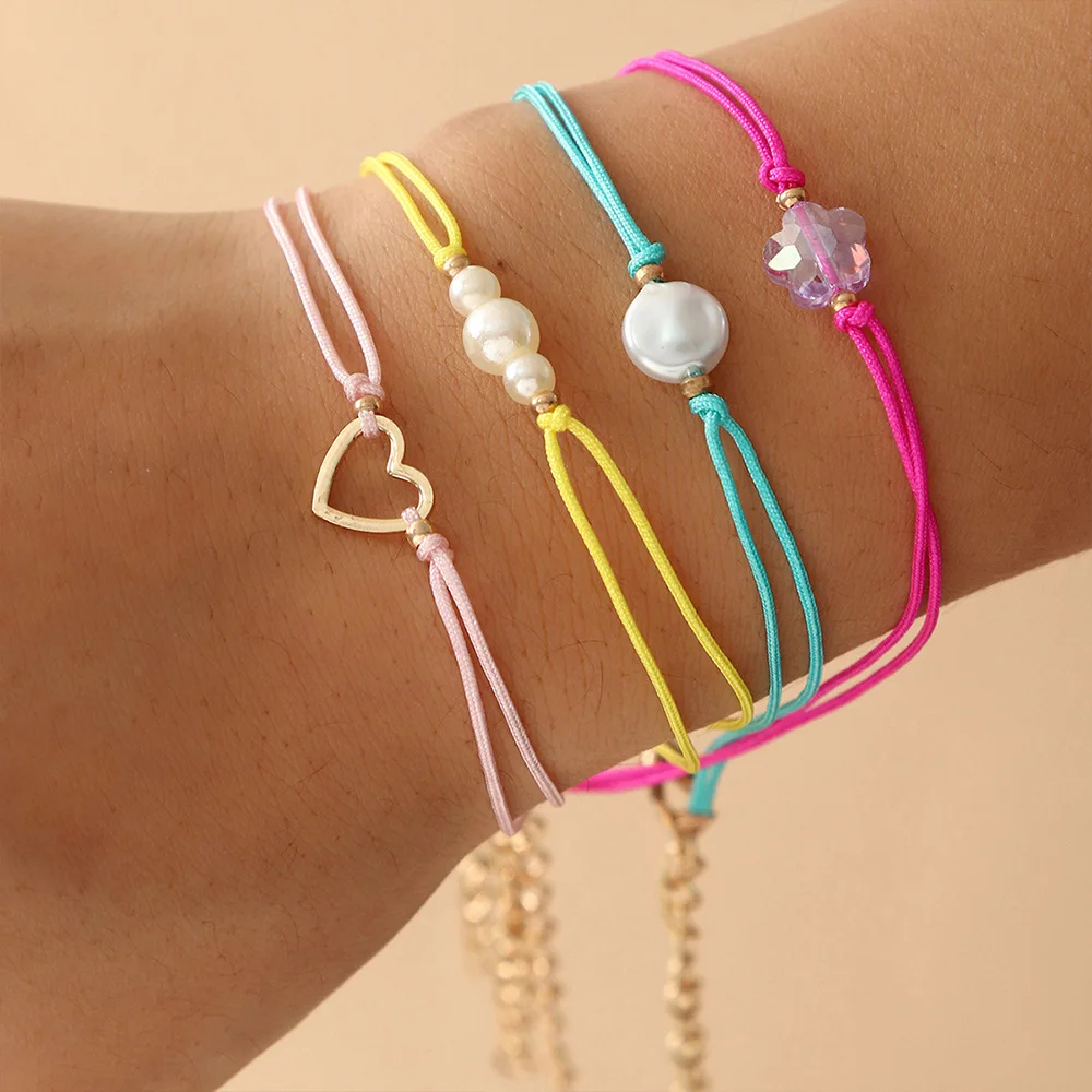 

Pearl heart glass flower friendship bracelet set colorful string bracelet, As is