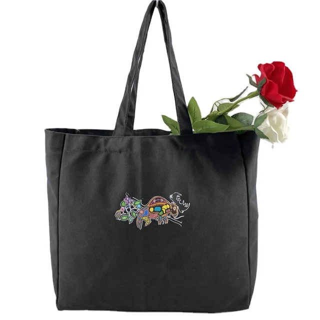 

Embroidered customized logo shopping Black canvas tote bag with zipper