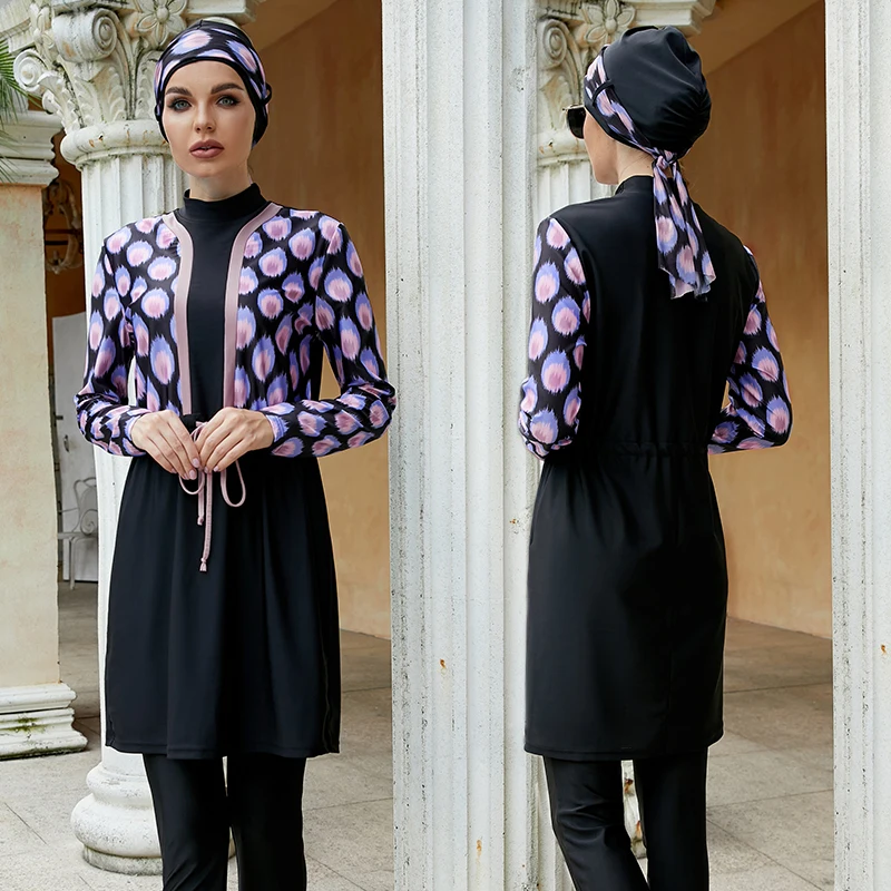 

2022 Women Muslim Swimsuit Swimwear Burkini Whole Black Long Sleeve With Scarf Hair Hood