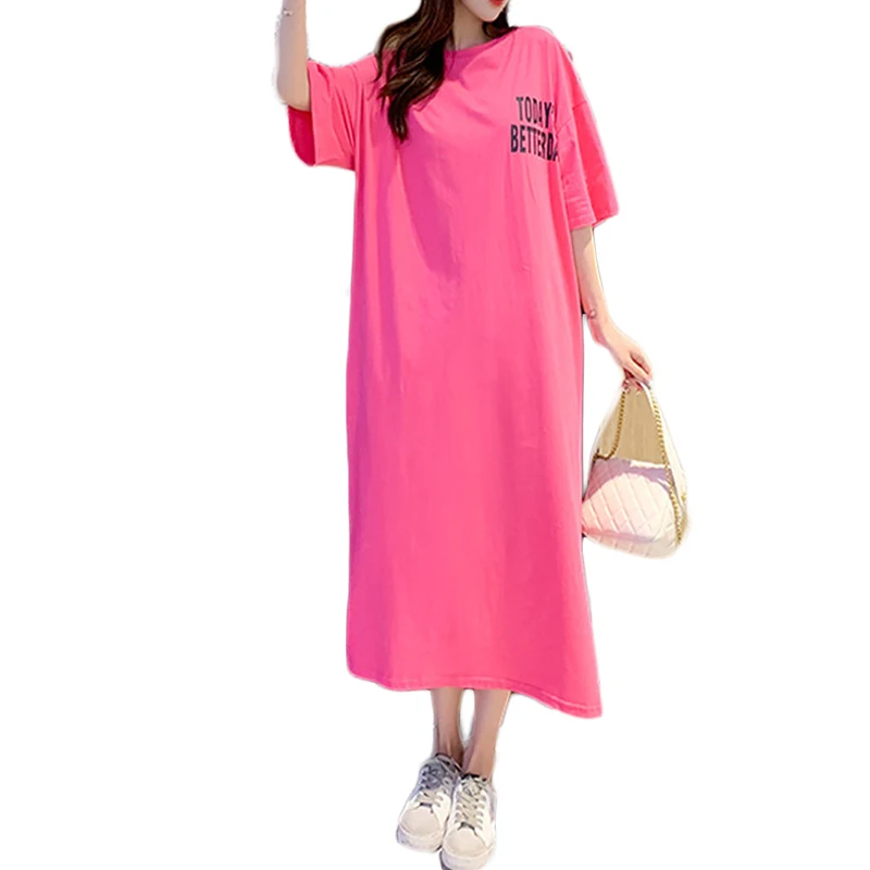 

Wholesale Summer Plain Korean Fashion Casual Loose Long Dress Women Oversized Cotton Short Sleeve Maxi Split T Shirt Dresses