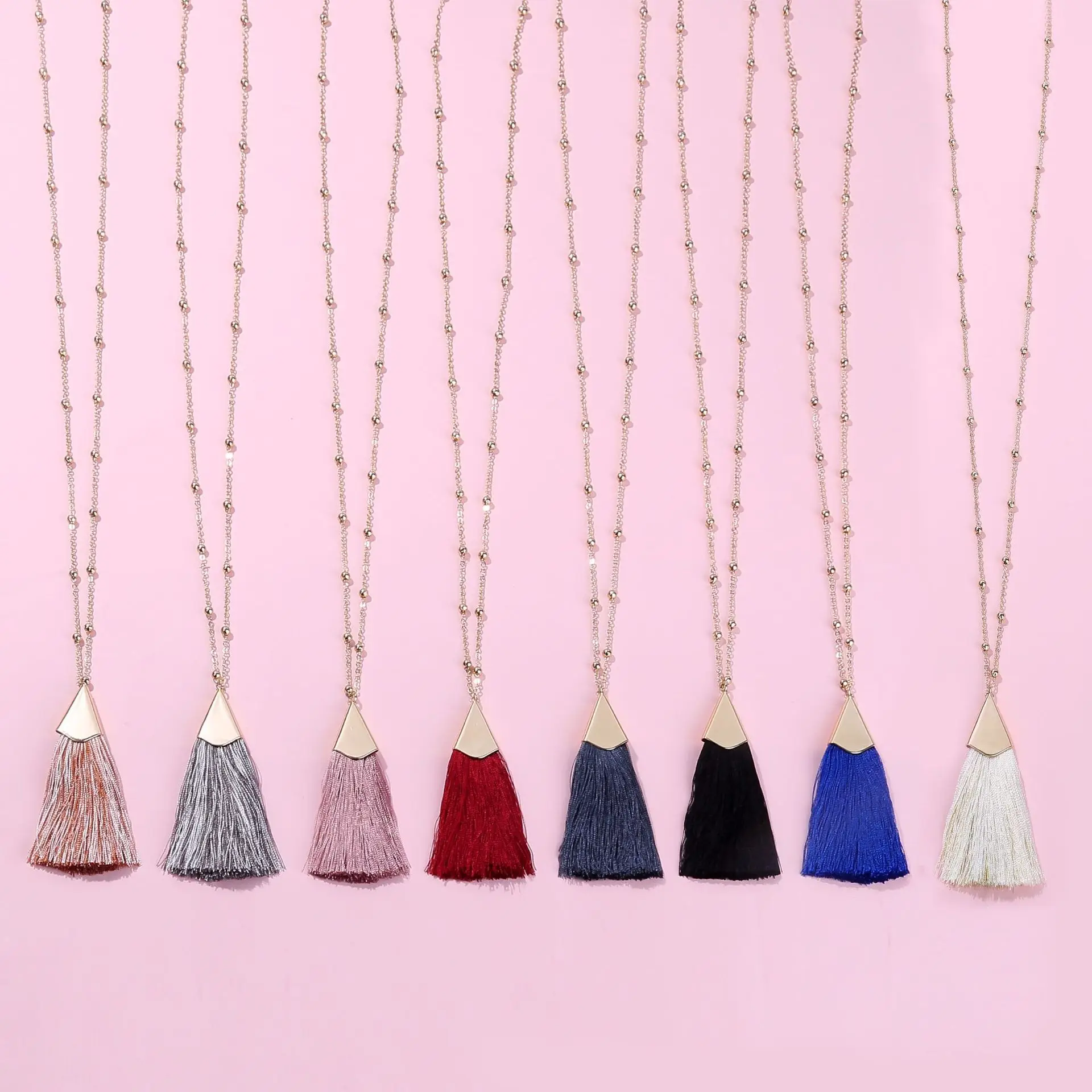 

New European and American hot-selling style silk cotton thread tassel beaded necklace mid-length sweater necklace women, Colorful