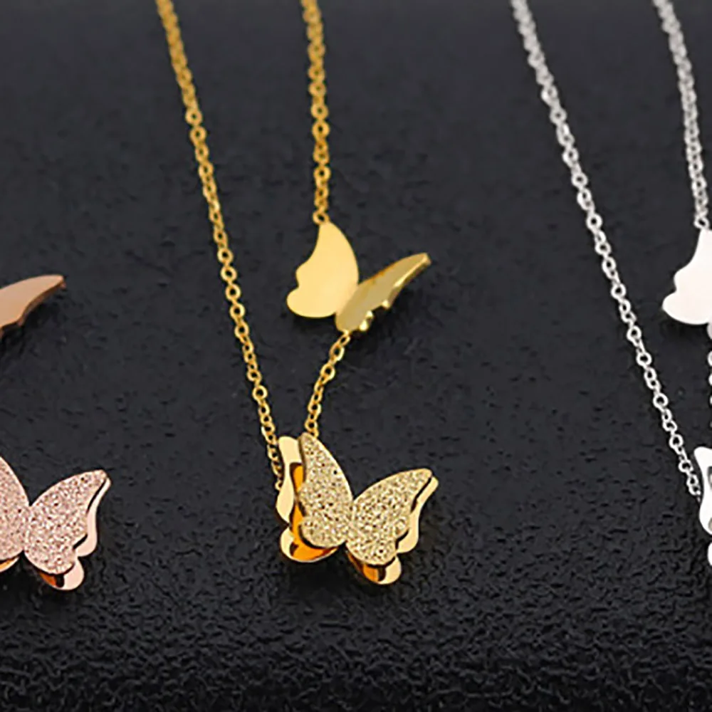 

2022 trendy women fashion accessories gold plated matte stainless steel butterfly necklace