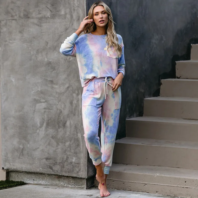 

2020 Autumn Women's Gradient Pajamas Tie-dye Sleepwear Long-sleeved Breathable Two-piece Sets, Avaliable