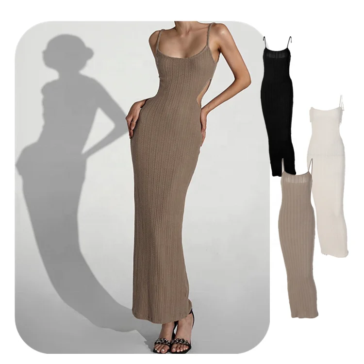 

Top Sell Ribbed Backless Sleeveless Pullover Slim Sexy Hollow Waist Ankle Length Maxi Long Night Dress