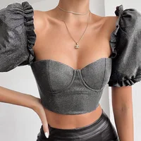 

Vintage Scoop Neck Crop Ruched Short Sleeve Puff Women Blouse