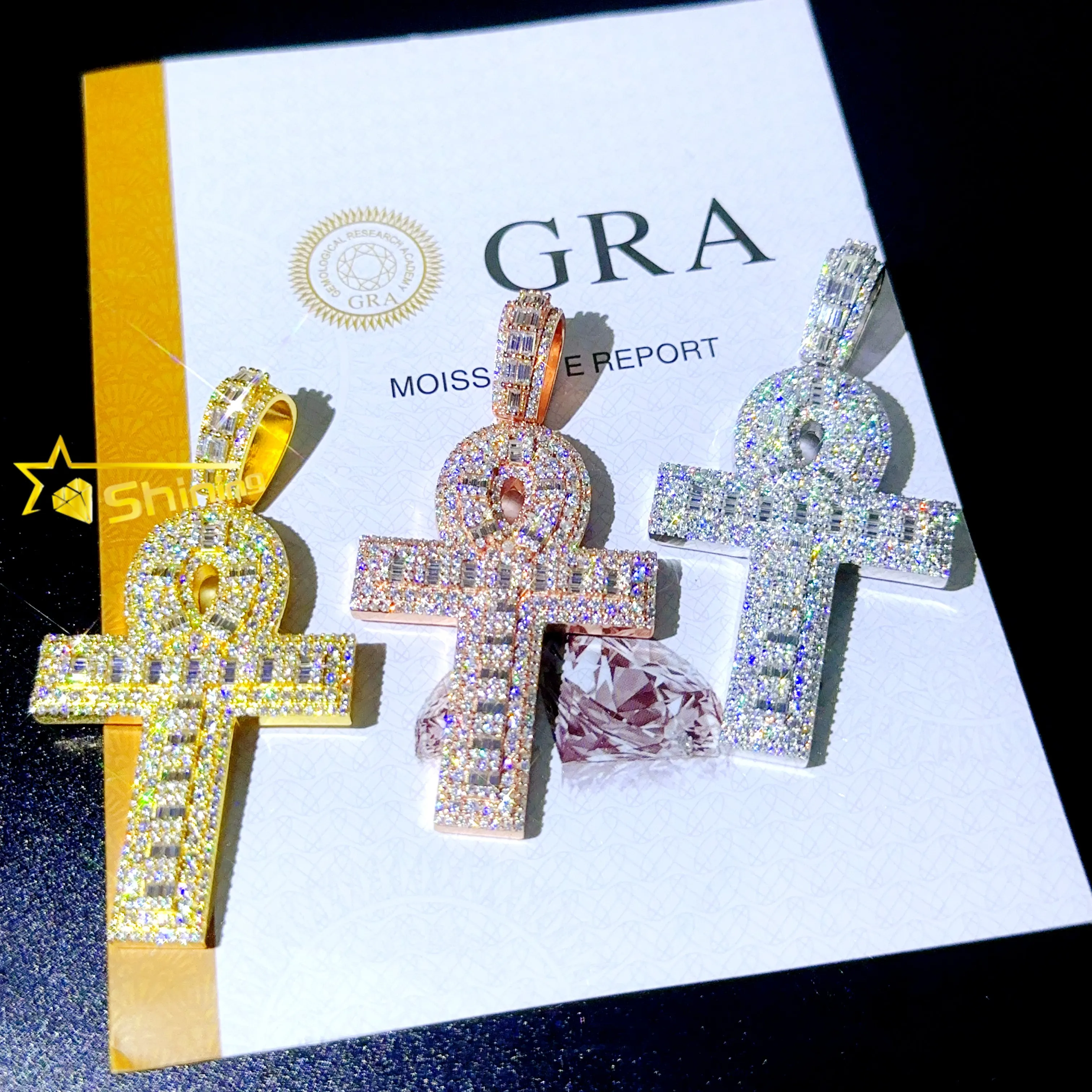 

Iced out solid gold plated ankh cross pendants sterling silver moissanite diamond hip hop cross pendants and chains