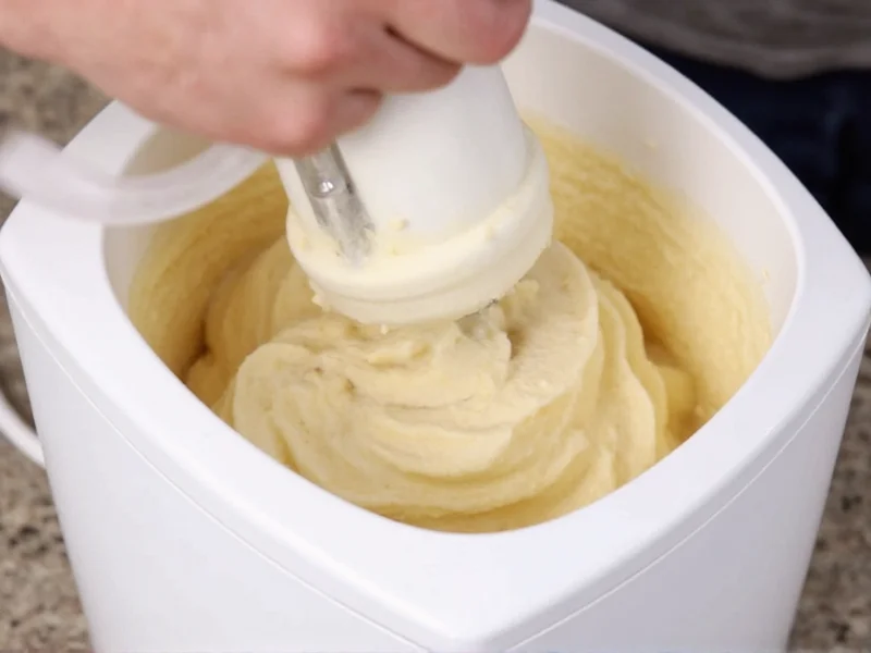 Hand churning ice cream mixture in electric ice cream maker
