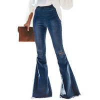 

Wholesale Custom Women Jeans Distressed Bell Bottom Wide Leg Denim Jeans
