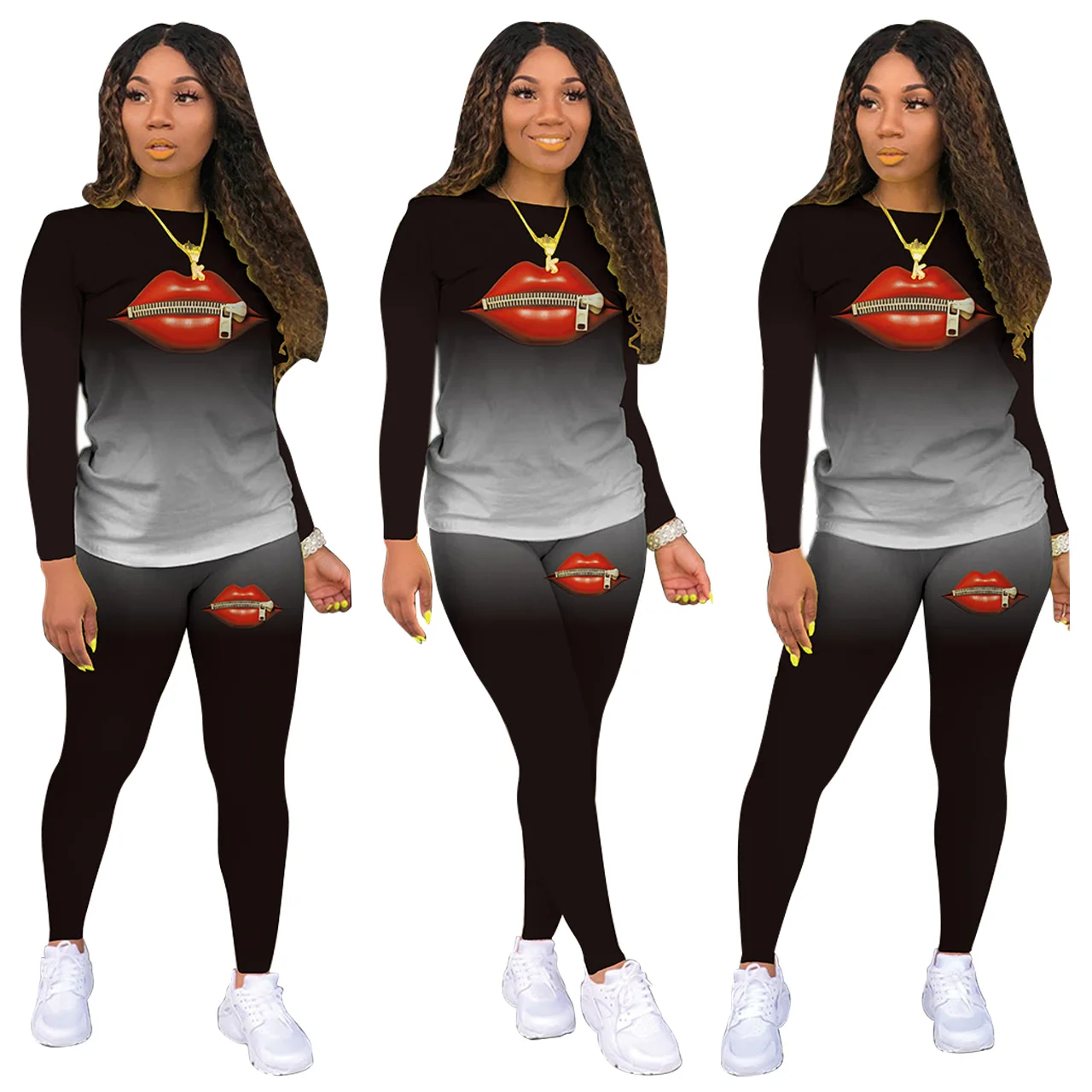 

Women 3D Print Tie Dye Suit 2 Pieces Sweatshirt Pullover Two Piece Cool Lip Chain Print Long Pant Tracksuit Fall Winter Clothing, 6 colors