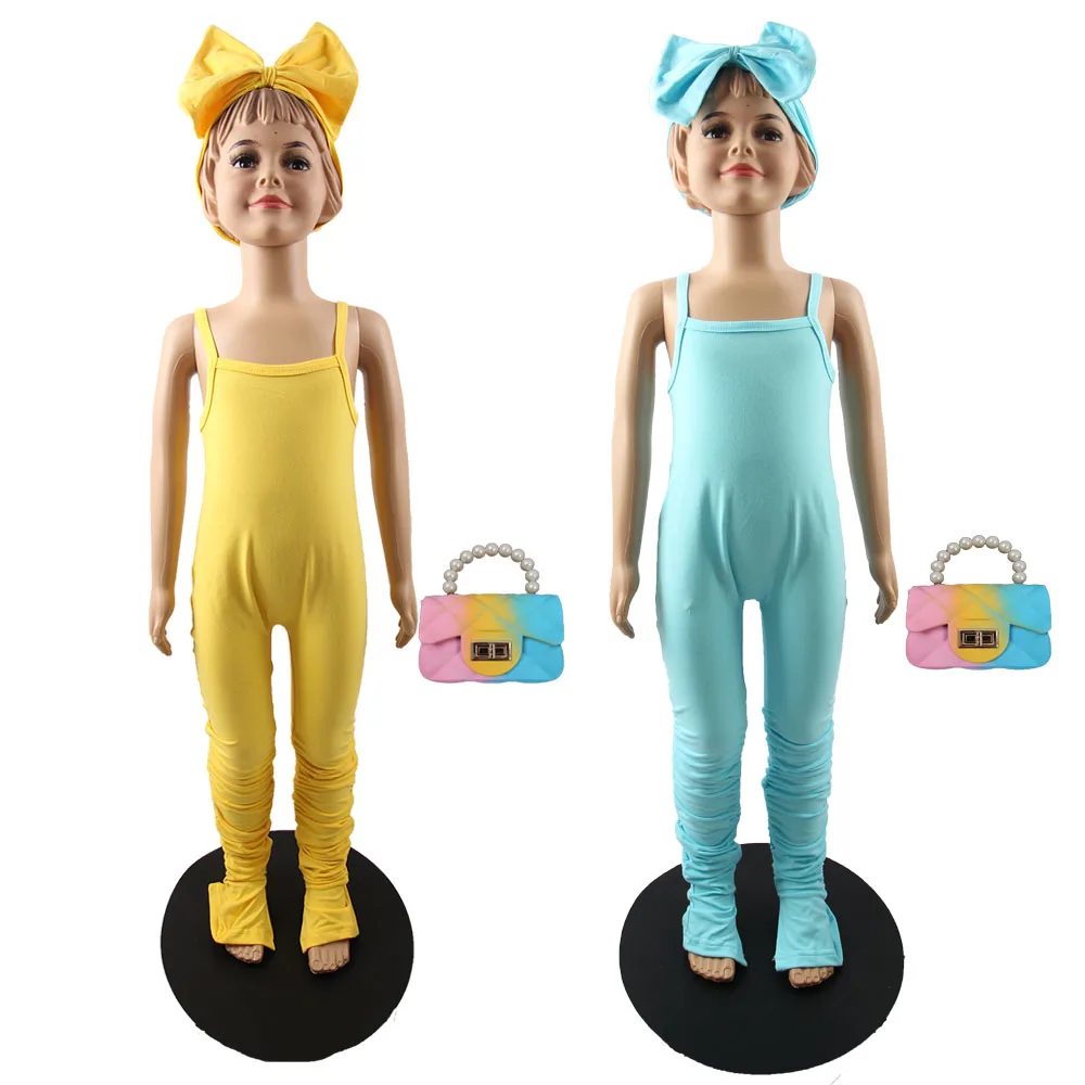 

2021 summer Baby Girls Stacked Pants Tie-dye Handbag Kids Jumpsuit + Headband Girls Boutique Clothes Toddler Girl Clothes Bulk
