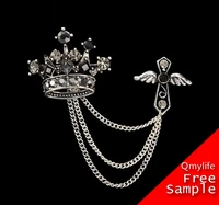 

Qmylife Vintage Broche Fashion Jewelry silver brooches elegant Crown Crystal suits Lapel Pin Tassel Chain Brooch Men