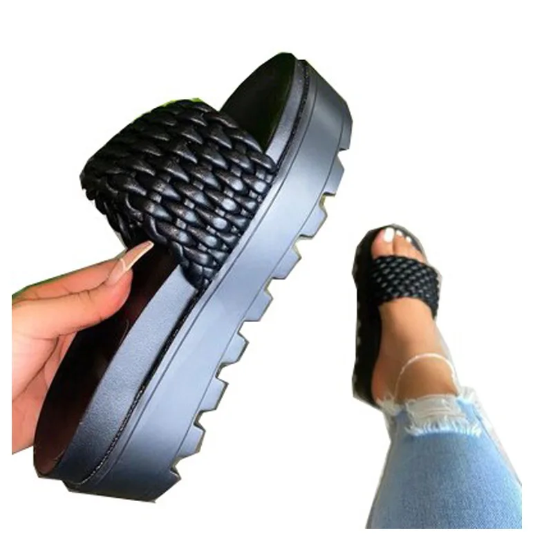 

Woven pattern PU platform sandals women slippers for ladies, All color available